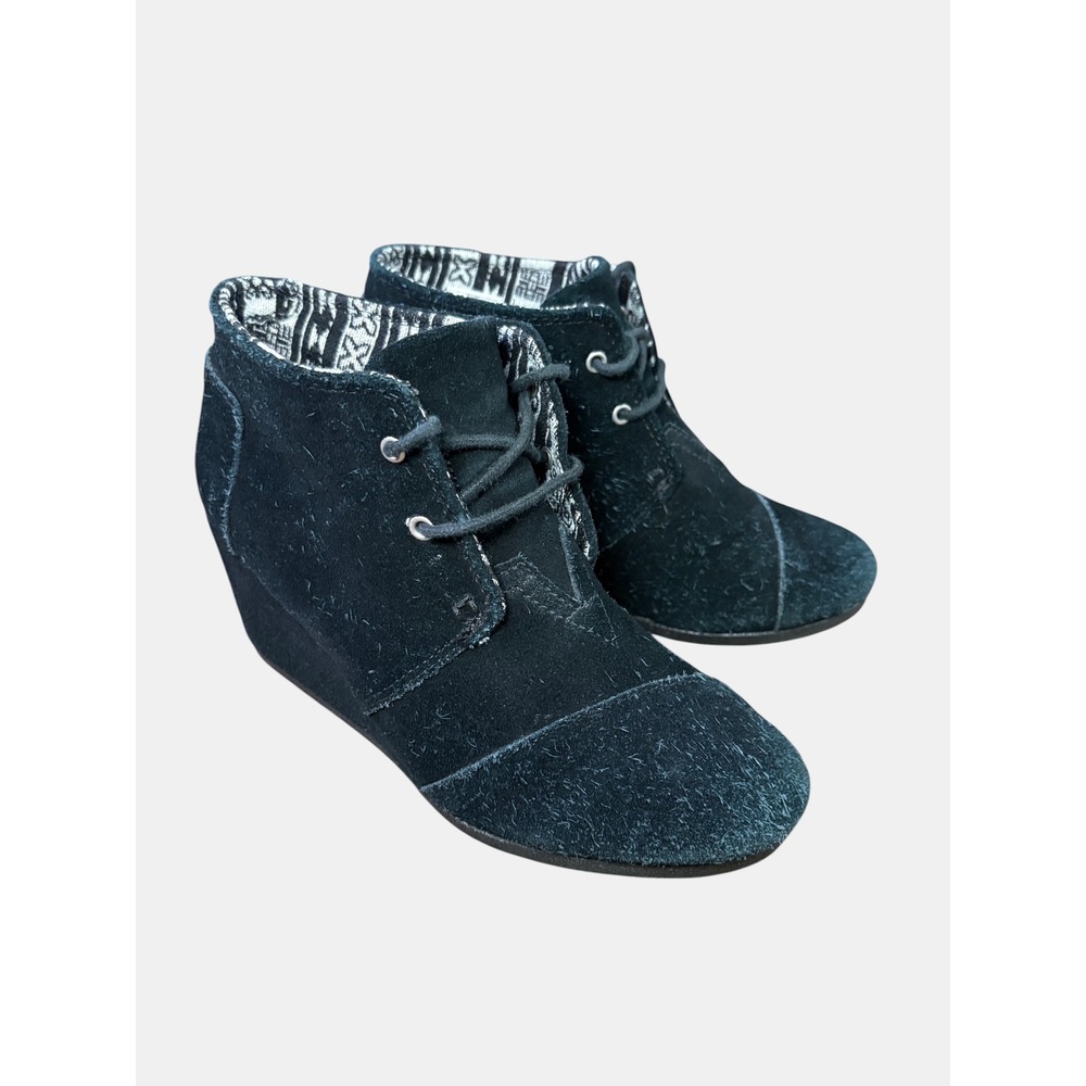 TOMS Black Suede Wedge Ankle Booties Women's 7.5 Lace Up